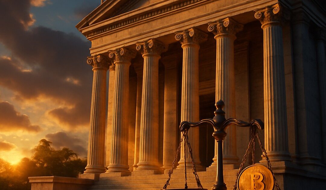 Tribunale neoclassico con bandiera USA, bilancia della giustizia con moneta bitcoin - BitcoinLive24