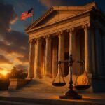 Tribunale neoclassico con bandiera USA, bilancia della giustizia con moneta bitcoin - BitcoinLive24