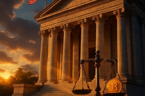 Tribunale neoclassico con bandiera USA, bilancia della giustizia con moneta bitcoin - BitcoinLive24