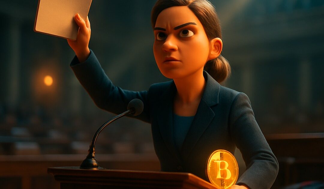 Donna determinata al podio di un'aula alza un foglio, martelletto e moneta bitcoin - BitcoinLive24