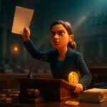 Donna determinata al podio di un'aula alza un foglio, martelletto e moneta bitcoin - BitcoinLive24
