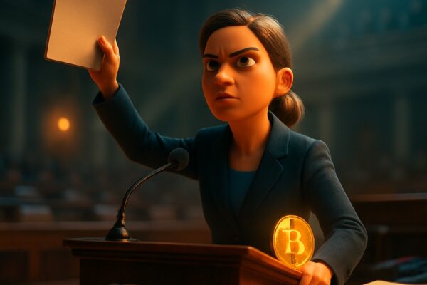 Donna determinata al podio di un'aula alza un foglio, martelletto e moneta bitcoin - BitcoinLive24