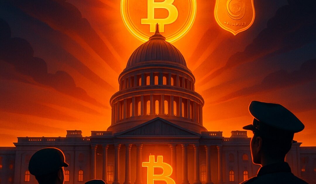 Campidoglio USA illuminato da un sole bitcoin, distintivo e sagome di agenti - BitcoinLive24