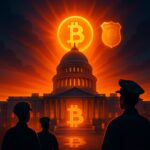 Campidoglio USA illuminato da un sole bitcoin, distintivo e sagome di agenti - BitcoinLive24