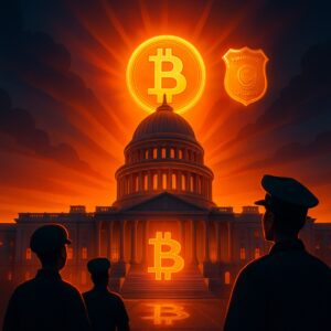 Campidoglio USA illuminato da un sole bitcoin, distintivo e sagome di agenti - BitcoinLive24