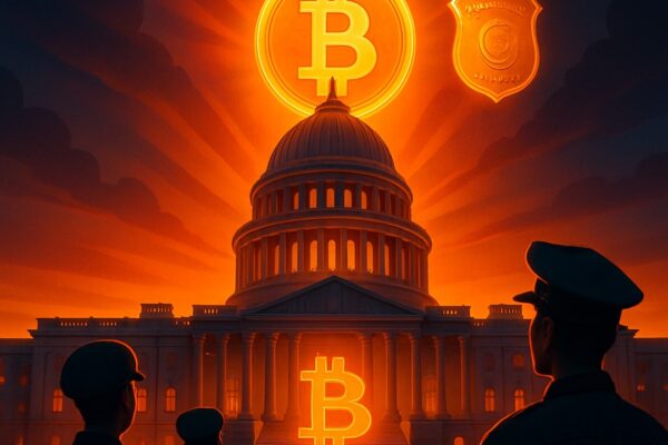 Campidoglio USA illuminato da un sole bitcoin, distintivo e sagome di agenti - BitcoinLive24