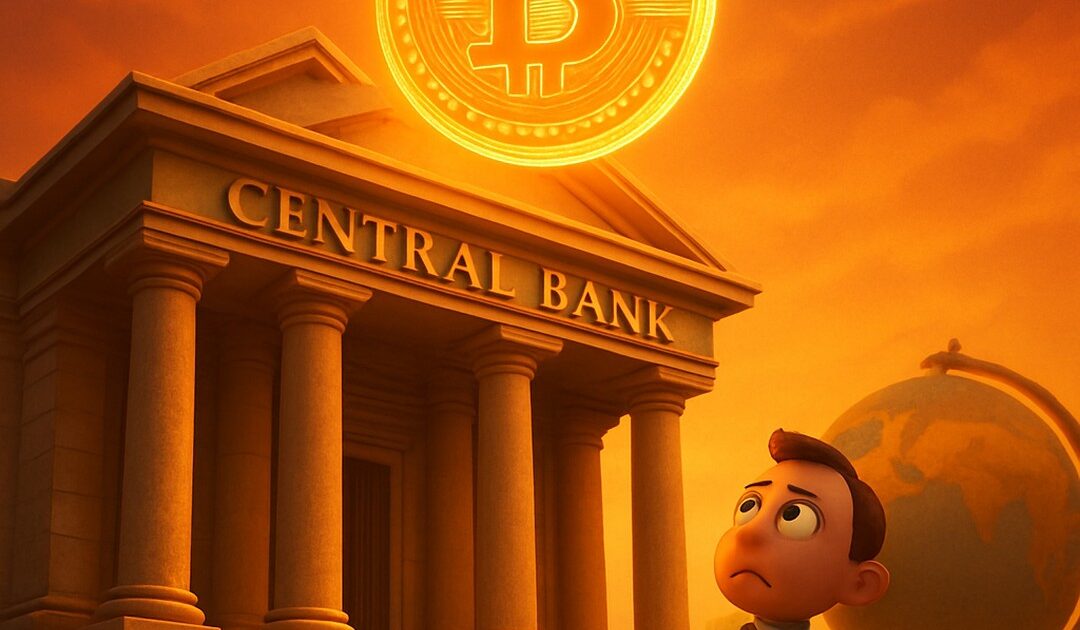 Edificio 'CENTRAL BANK' sotto un sole bitcoin, omino preoccupato con valigetta, mappamondo - BitcoinLive24