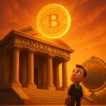Edificio 'CENTRAL BANK' sotto un sole bitcoin, omino preoccupato con valigetta, mappamondo - BitcoinLive24