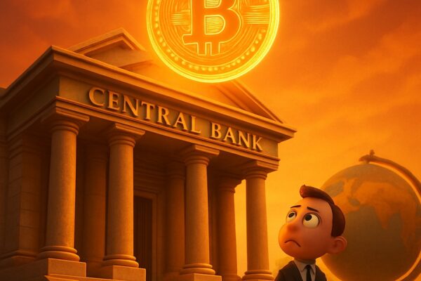 Edificio 'CENTRAL BANK' sotto un sole bitcoin, omino preoccupato con valigetta, mappamondo - BitcoinLive24