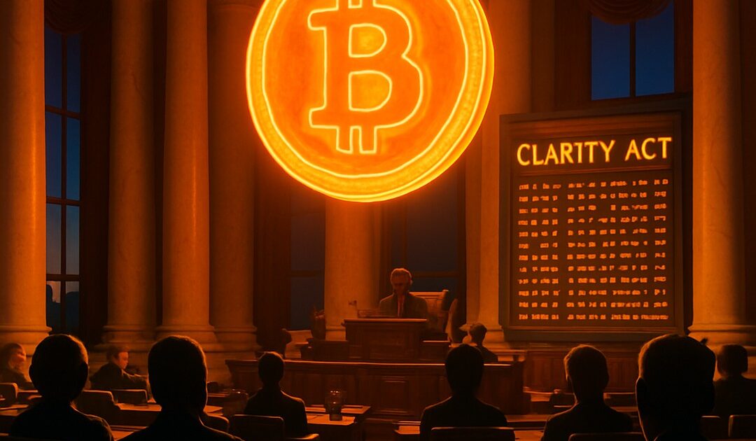 Aula del Congresso con grande bitcoin e tabellone 'CLARITY ACT' - BitcoinLive24