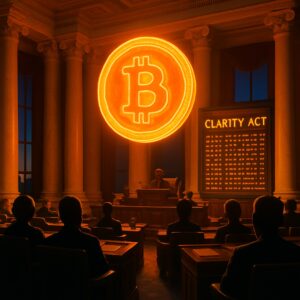 Aula del Congresso con grande bitcoin e tabellone 'CLARITY ACT' - BitcoinLive24