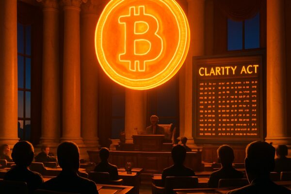 Aula del Congresso con grande bitcoin e tabellone 'CLARITY ACT' - BitcoinLive24