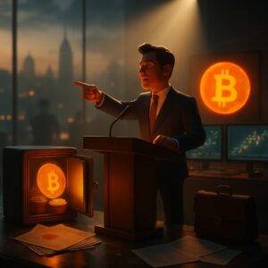 Oratore al podio che indica, cassaforte aperta con bitcoin, schermo con logo bitcoin - BitcoinLive24
