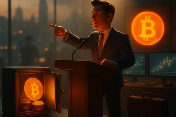 Oratore al podio che indica, cassaforte aperta con bitcoin, schermo con logo bitcoin - BitcoinLive24