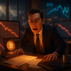 Trader sconvolto davanti a grafici rossi in picchiata, moneta bitcoin, scritta 'AI' su uno schermo - BitcoinLive24