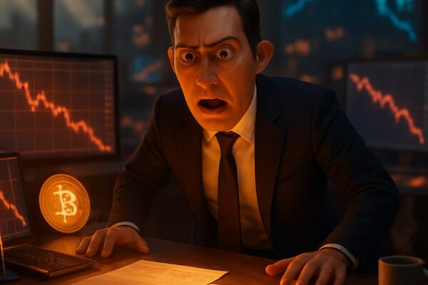 Trader sconvolto davanti a grafici rossi in picchiata, moneta bitcoin, scritta 'AI' su uno schermo - BitcoinLive24