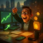 Trader entusiasta con occhiali esulta davanti a grafici verdi in forte salita - BitcoinLive24