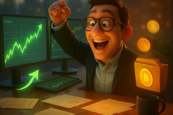 Trader entusiasta con occhiali esulta davanti a grafici verdi in forte salita - BitcoinLive24
