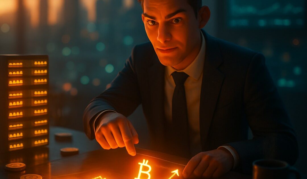 Uomo in giacca indica una linea luminosa in salita con simbolo bitcoin, rack di server e monete - BitcoinLive24