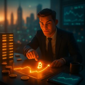 Uomo in giacca indica una linea luminosa in salita con simbolo bitcoin, rack di server e monete - BitcoinLive24