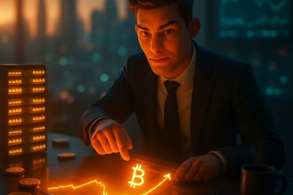 Uomo in giacca indica una linea luminosa in salita con simbolo bitcoin, rack di server e monete - BitcoinLive24