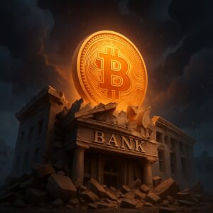 Moneta Bitcoin in una forgia ardente, simbolo dell'homestead a Bitcoin standard