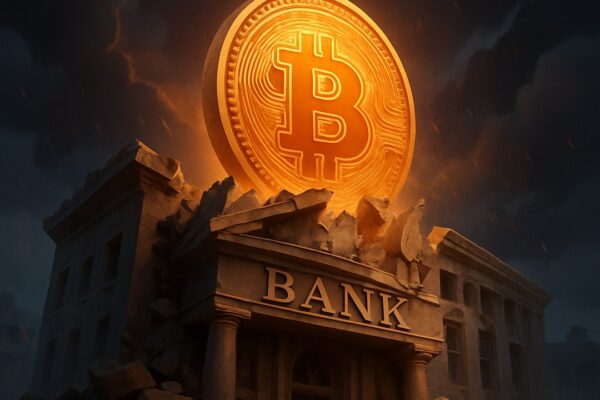 Moneta Bitcoin in una forgia ardente, simbolo dell'homestead a Bitcoin standard